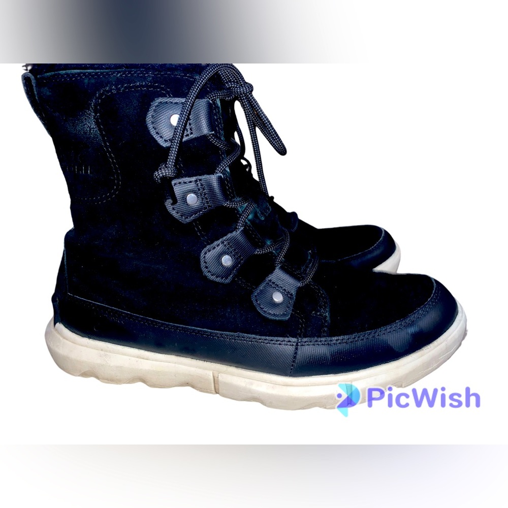 SOREL Black Suede Waterproof Explorer Joan Faux Fur Booties